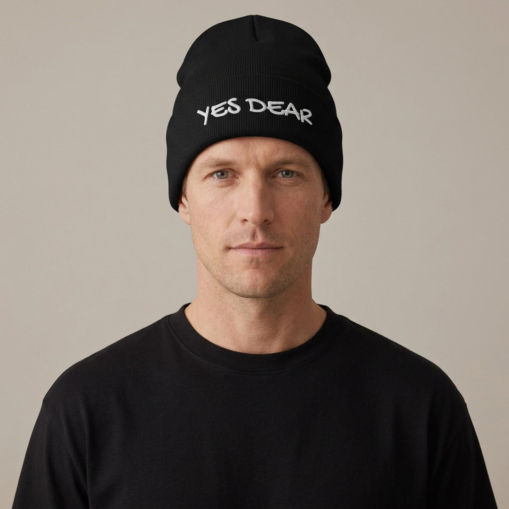 Man wearing the Yes Dear embroidered beanie in black